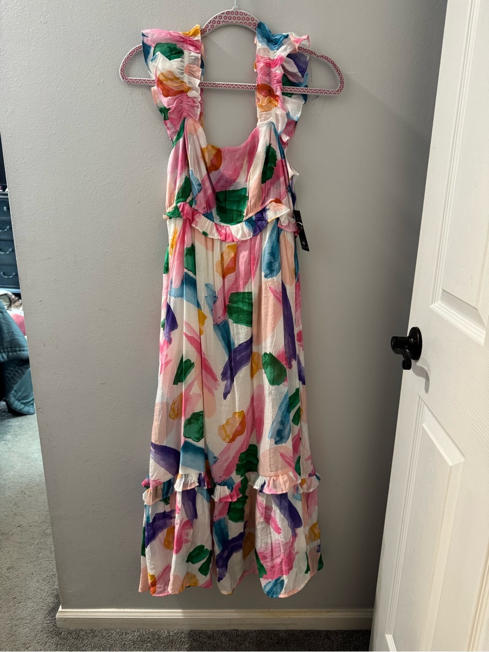 NWT Juliana’s Boutique Colorful Abstract Ruffle Maxi Dress M